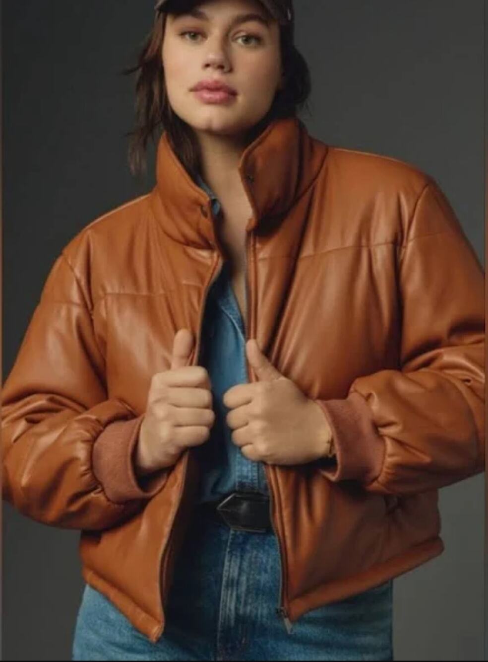 NWT Anthropologie Faux Leather Brown Puffer Jacket - Size XL